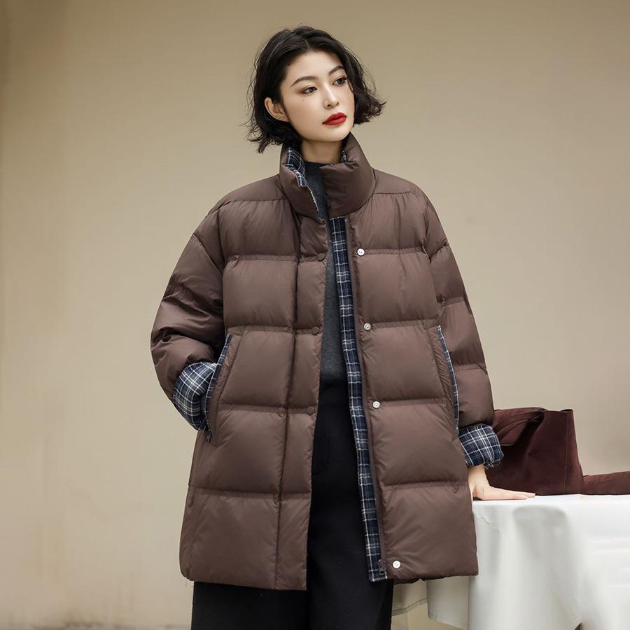Autumn and winter new fashion stand-up collar plaid splicing medium and long down jacket women's turn-sleeved warm jacket tide