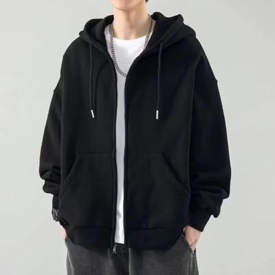 Men's Autumn Hoodie Cardigan Sweatshirt Solid Color Clothes Plush Zippered Loose Jacket Men's Autumn  Sports Shirt