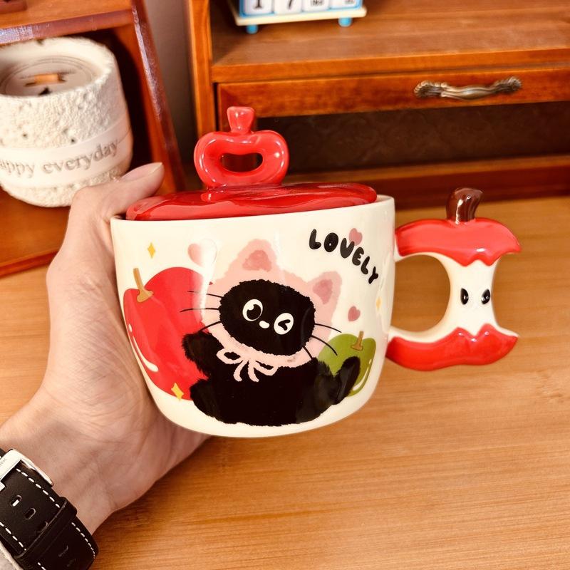 ספל חתול תפוח יצירתי עם מכסה, כוס קרמיקה חמודה בעלת ערך גבוה, ספל מזכרת, מתנה לחג המולד