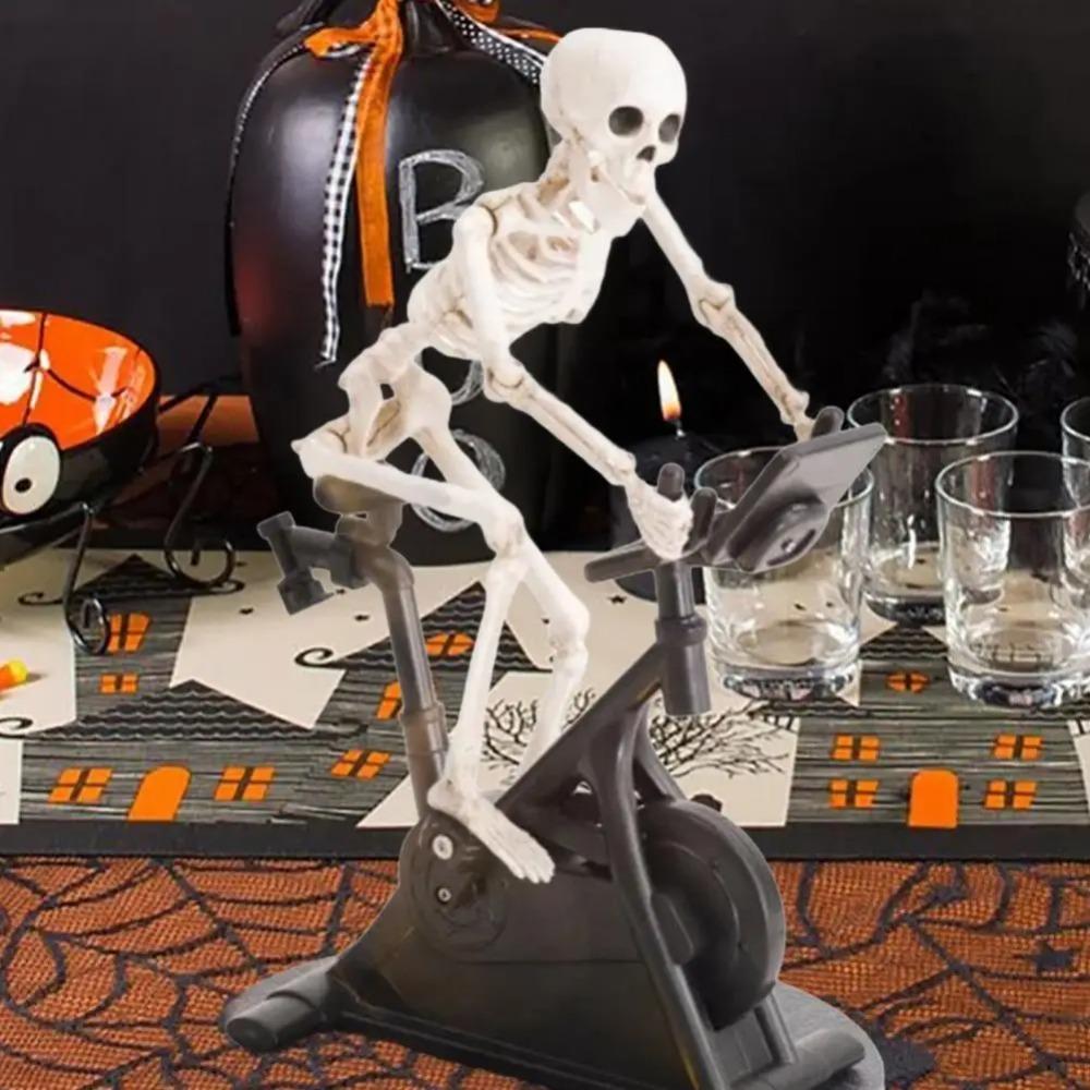 Exercise Bike Animatronic Skeleton Figurine Halloween Resin Cycling Fitness Bike Skull Statue Sculpture Home Office Desktop Deco