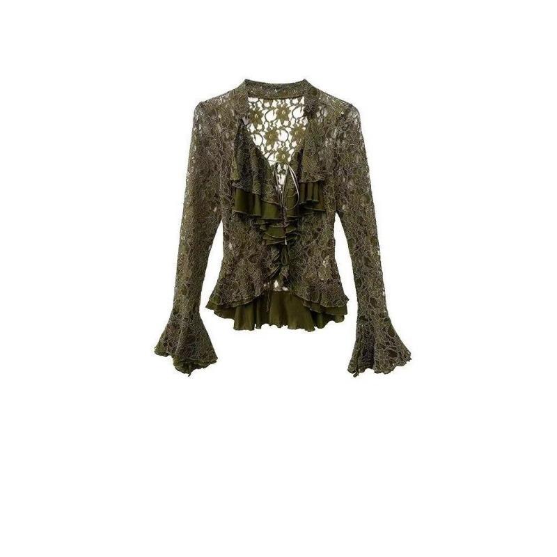 Blusa da Donna Verde Oliva in Pizzo Manica Lunga Stratificata con Volant Moda Top Casual