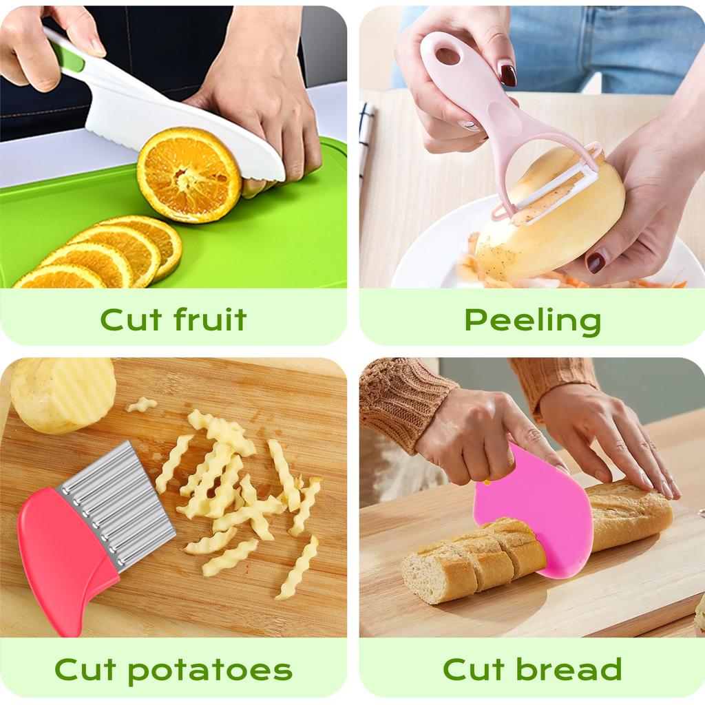 Montessori Toy Safe Kids Cooking Cutter Set with Wooden Cutter Serrated Cutter Potato Cutter Peeler Little Chef Cooking Tools