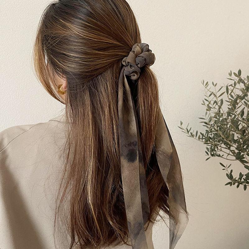 New Chiffon Tie Dye Print Long Hair Ribbon Scrunchies Elastic Hair Bands Women Girls Bow Ponytail Holder Hair Ties Accessories