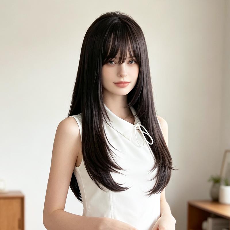 60cm Layered Black Long Straight Wig with Air Bangs, Full Cap Synthetic Fiber Wig for Lolita & JK Style Daily Wear