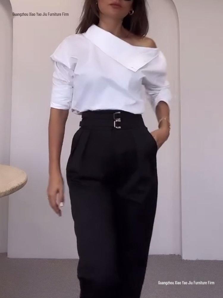 European & American Style Off-the-Shoulder High-Collar Metal Buckle Women's Top