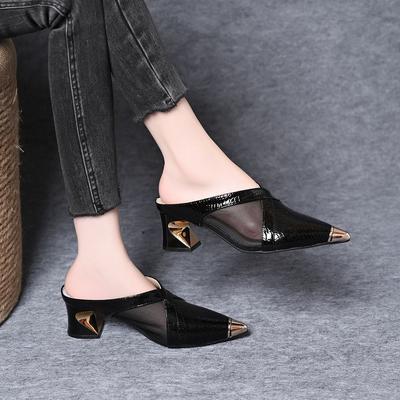 Women's Fashion Square Heel Shoes Party Pointed High Heels Mesh Muller Shoes
