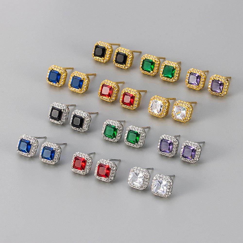 Classic Luxury Shining Zircon Square Color Imitation Gemstone Stud Earrings for Women Trendy Exquisite Stainless Steel Jewelry