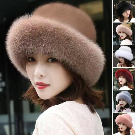 Women Hat Solid Color Fluffy Thickened Ear Protection Dome Winter Coldproof Elegant Russian Hat Faux Fur Headband Streetwear