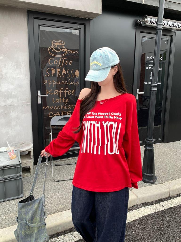 2025 Spring/Autumn Women's Off-Shoulder Oversize Sweatshirt, Reversible Design, Loose Fit, Slanted Shoulder Lazy Style Top