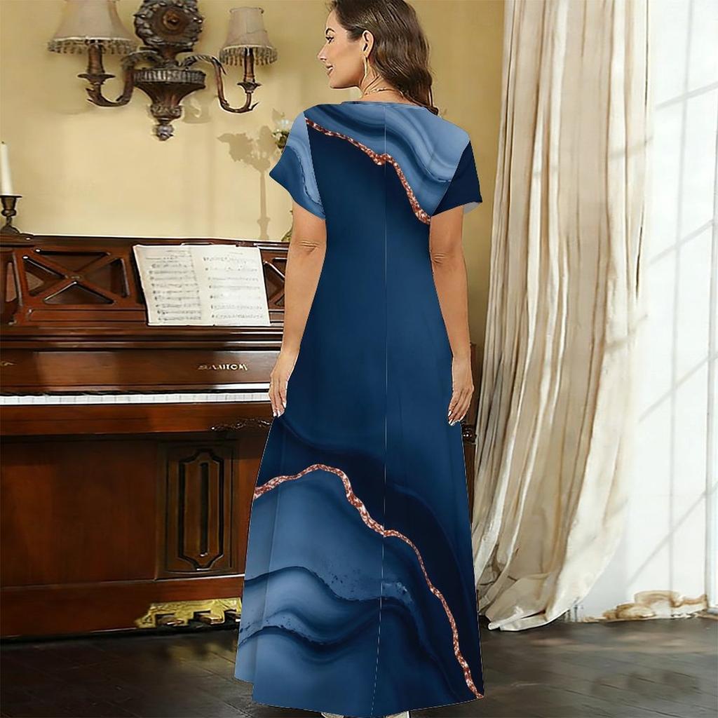Women Plus Size V Neck Short Sleeve Printed Blue Straight Maxi Dress