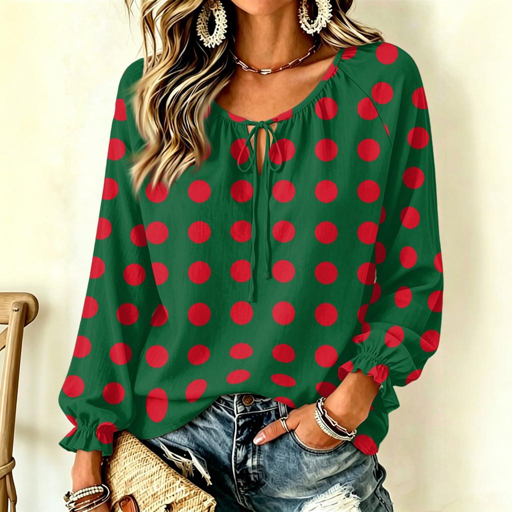 Women's Vintage Polka Dot Long Sleeve Pullover Top with Ruffle Trim and Tie Neck
