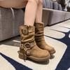 Fashion Vintage Thick Heel Women Western Cowboy Boots Autumn Winter Ladies Shoes Belt Buckle Elegant Mid Calf Booties