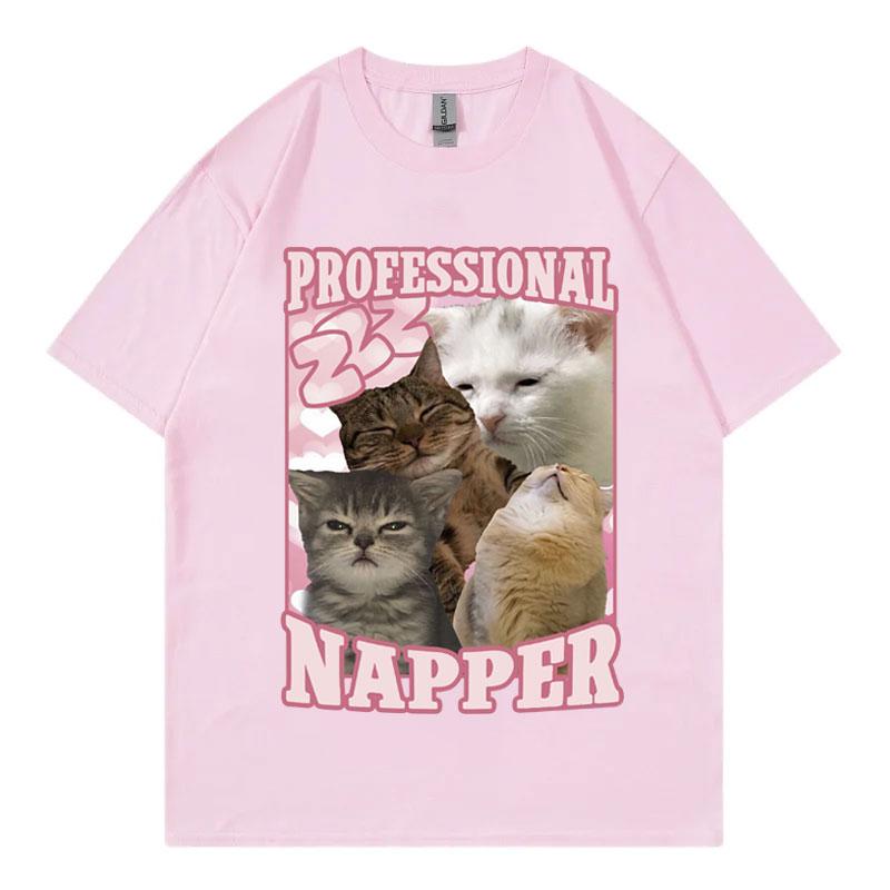 T-shirt Chat Drôle Mème Siesteur Professionnel Mode Kawaii T-shirts Manches Courtes Vêtements en Coton de Haute Qualité T-shirt Unisexe