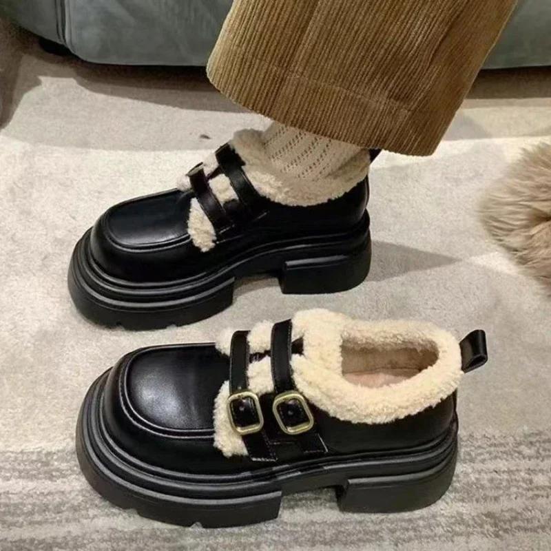 Módní podzimní a zimní britský styl malé kožené boty pro ženy Nové studentské japonské vintage plyšové teplé bavlněné boty pro ženy