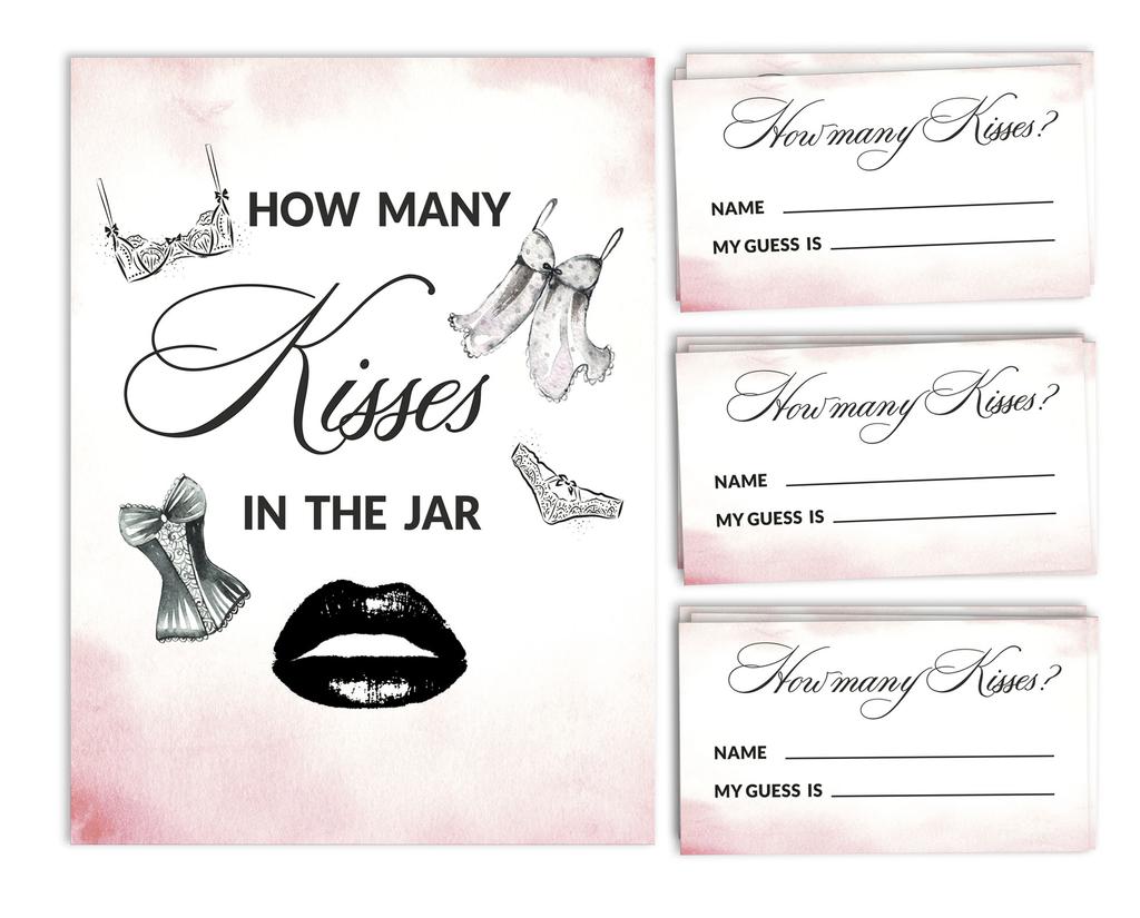Inkdotpot How Many Kisses in The Jar Lingerie Shower Bridal Shower Game White 1 Sign + 30 Cards