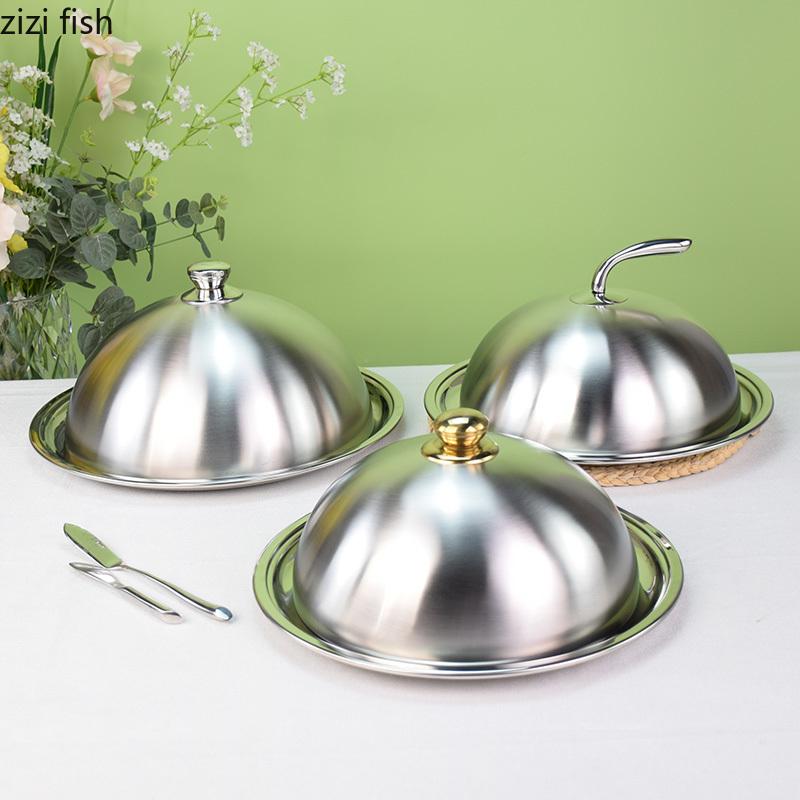 Thick Steak Plate with Lid Stainless Steel Dinner Plate Pasta Dish Fruit Plates Display Tray Dessert Bowl Serving Plates Dish