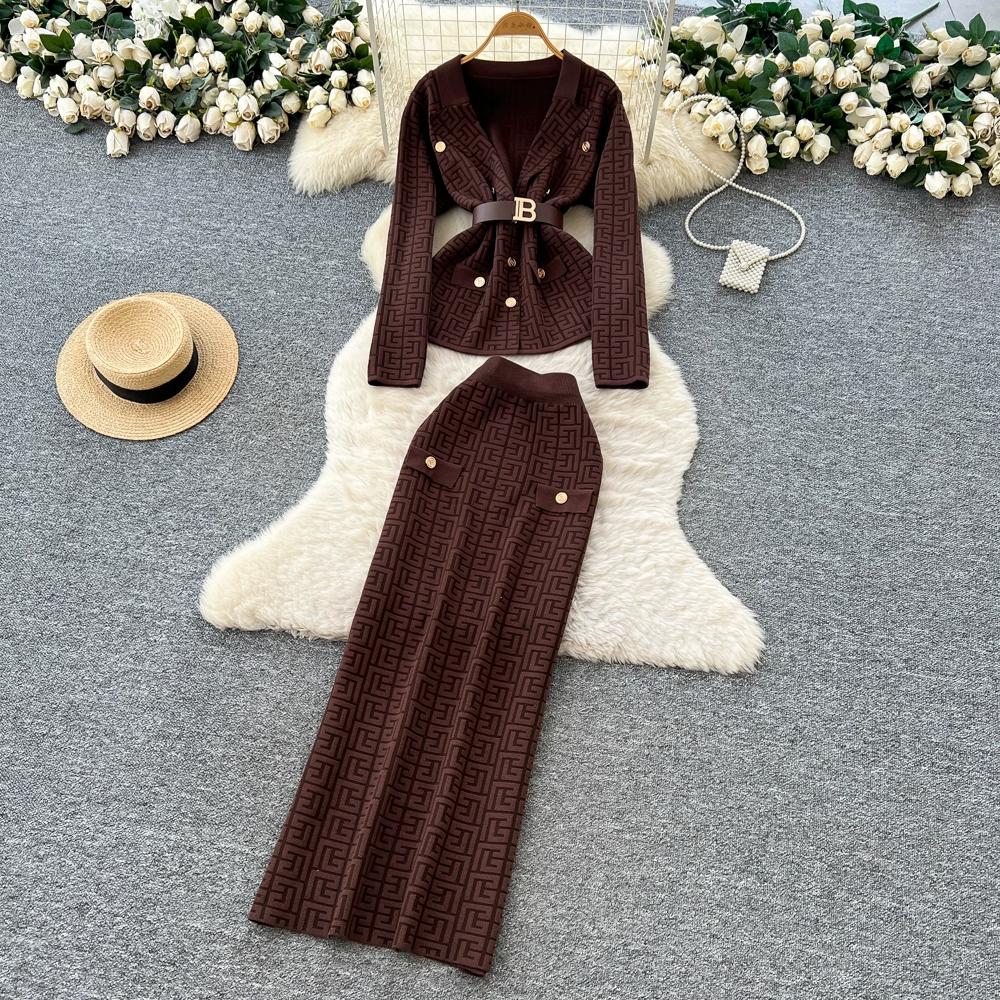 Autumn Winter Women Designer Knitted Sweater Two Piece Set Blazer Collar Cardigans Coat and Long Maxi Sheath Skirt Outfits With Belt