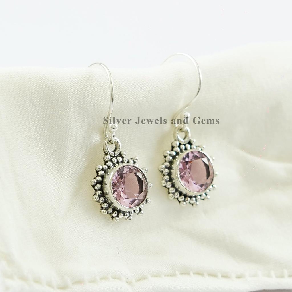 Handmade Sterling Silver Pink Quartz Earrings, Round Gemstone