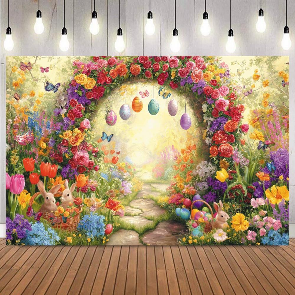 Easter Day Photo Background Flower Green Arch Easter Eggs Rabbit Kids Portrait Baby Shower Birthday Party Decor Backdrop Props5