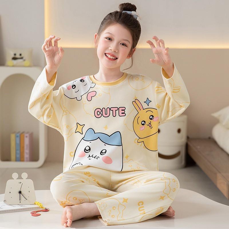 100% Cotton Girls Long Sleeve Pajamas Set Cartoon Print Round Neck Sleepwear Kids 8 Years