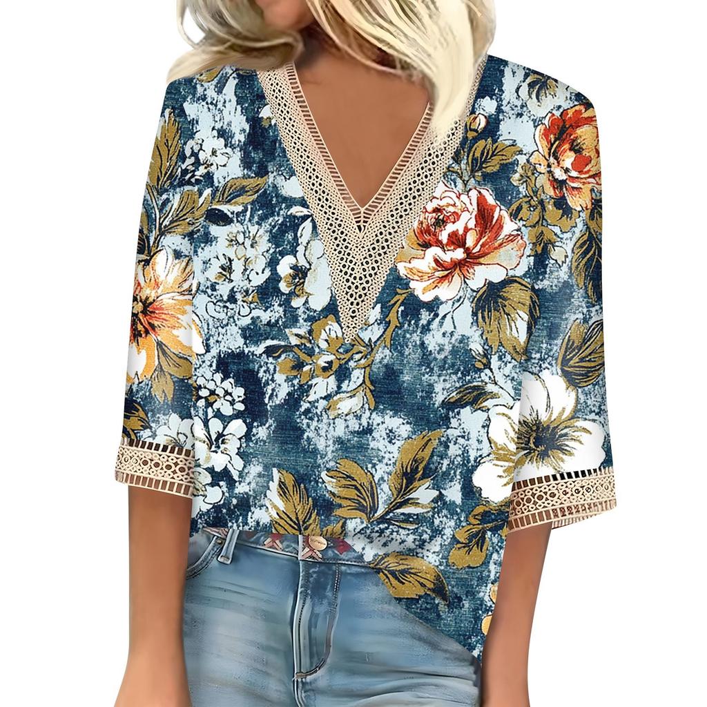Women's Vintage Print Lace Top With Three-quarter Sleeves Top