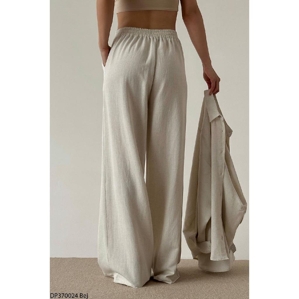 Female Beige Double Button Detailed Waist Tire Linen Palazzo Pants