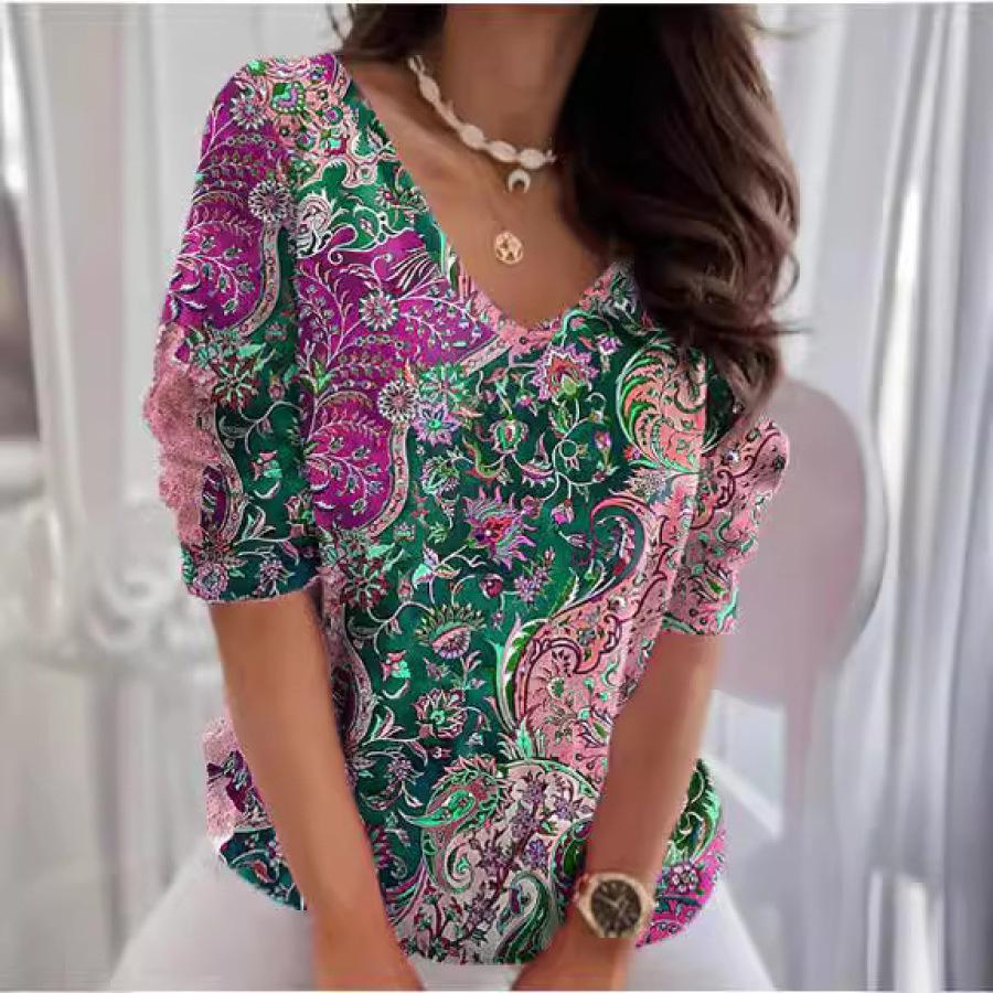 

Лето 2024, женский пуловер с принтом в стиле ретро, ​​женская футболка с v-образным вырезом и раздельными рукавами, повседневный удобный топ S розовый