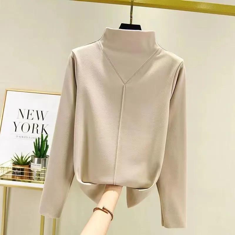 

Женский бархатный топ с полувысоким воротником, облегающий, с длинным рукавом, толстый, с функцией сохранения тепла, на осень-зиму S бежевый