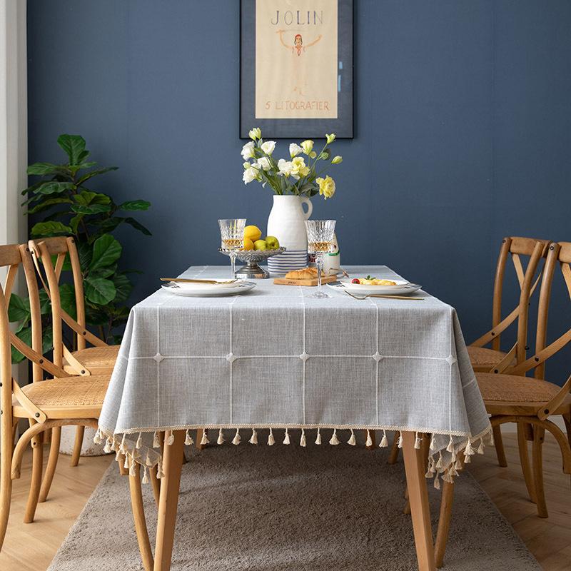 

Льняная хлопковая вышивка клеткой скатерть, прямоугольная пылезащитная скатерть с кисточками, для украшения кухонного обеденного кофейного стола 90X90cm