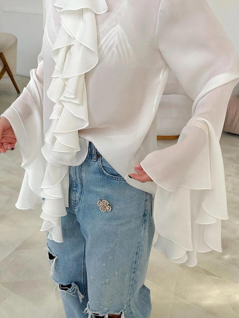 Elegant Ruffle Design French White Cardigan Blouse - Long Sleeve Women's Top