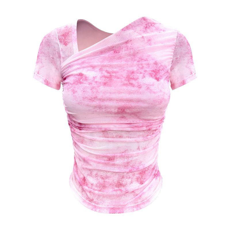 

Mesh Yoga Clothes Women s Fake Two-Piece High Strength Fixed Cup Integrated Chest Pad Workout Clothes Yoga Clothes Short Sleeve T-shirt Watercolor powder short sleeve L