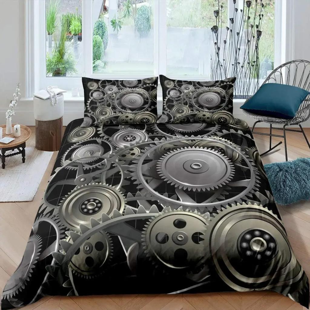 Ndustrial Gear Duvet Cover Set Queen Size Steampunk Style Locks Comforter Cover Boys Men Mechanical Device Polyester Bedding Set