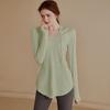 Abbigliamento da yoga a maniche lunghe con cappuccio sottile da donna, per sport all'aria aperta, jogging, top largo per il tempo libero, traspirante, ad asciugatura rapida, tinta unita
