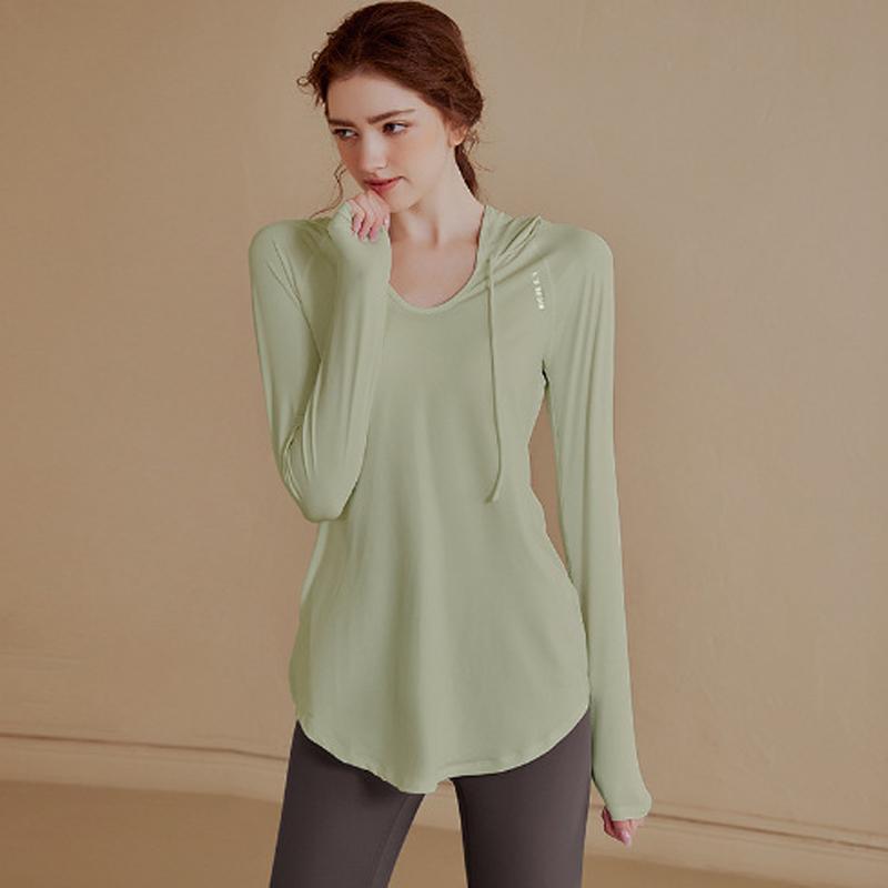 Abbigliamento da yoga a maniche lunghe con cappuccio sottile da donna, per sport all'aria aperta, jogging, top largo per il tempo libero, traspirante, ad asciugatura rapida, tinta unita