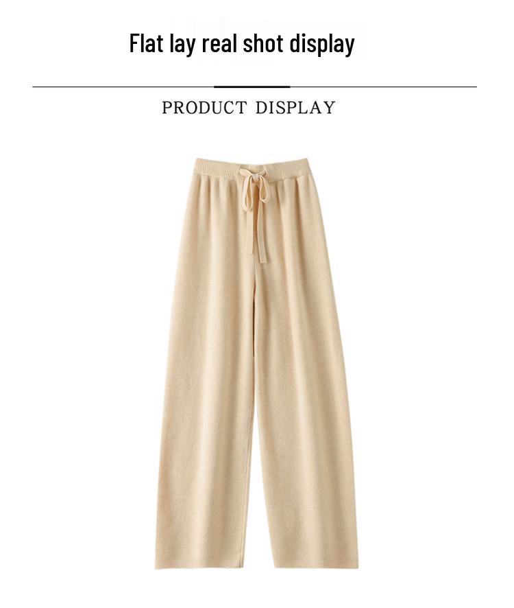Women's 100% Pure Wool Wide Leg Knitted Pants - High Waist, Thickened, Casual, Long, Autumn/Winter Wear, Cashmere, Straight Leg.