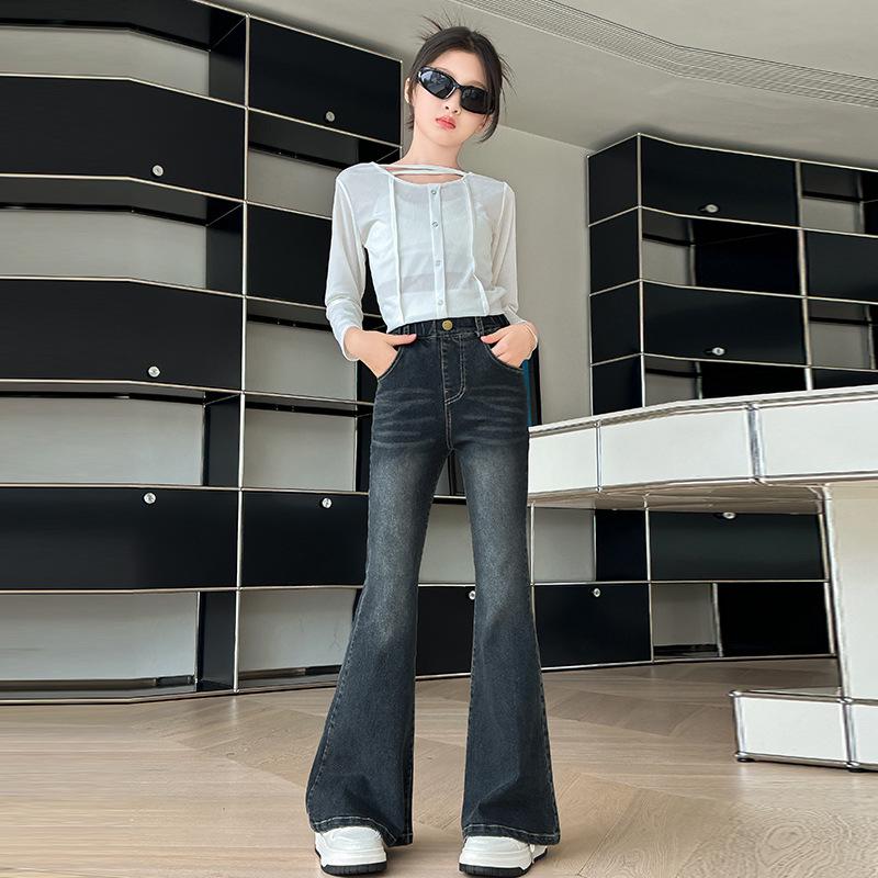 Girls' 2024 Korean Style Elastic Slim Fit Denim Flare Pants for Spring/Autumn