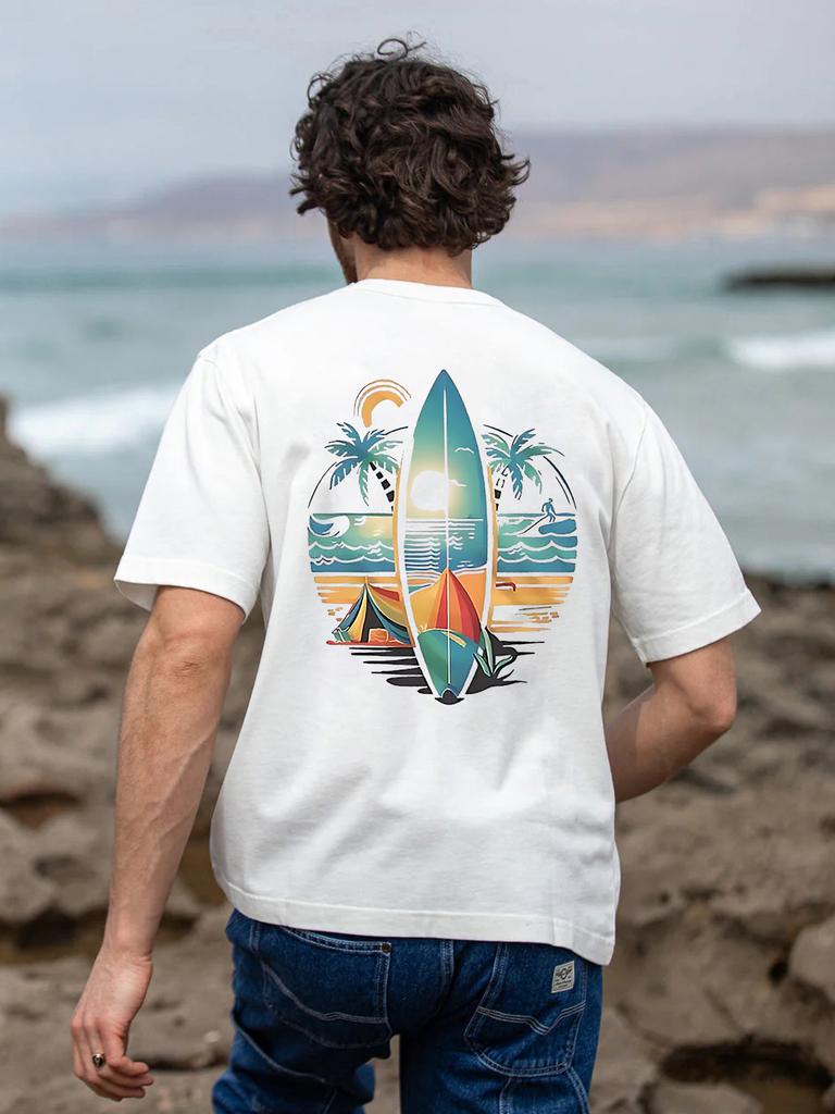Mens Surfboard Graphic Tee  Casual summer tee with vibrant beach scene design short sleeves crew neck