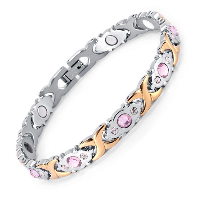 Bracelet Magnétique Santé Rose Doré Punk 8mm Zircon Rose Bijou pour Femme Hiphop Acier Inoxydable Chaîne Biker Moto Bracelet