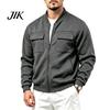 Everyday Basic Sportswear Men Casual Baseball Coat, Lightweight Multi-Pocket Windbreaker, Solid Color Outerwear Outdoor Windbreaker with Stand Collar,