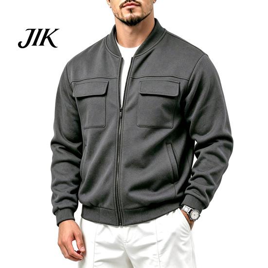 Everyday Basic Sportswear Men Casual Baseball Coat, Lightweight Multi-Pocket Windbreaker, Solid Color Outerwear Outdoor Windbreaker with Stand Collar,