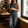 Tuta di Jeans Senza Maniche da Donna Gamba Larga Vestibilità Larga Scollo Rotondo Romper Casual con Quattro Tasche e Dettagli Occhielli Metallici