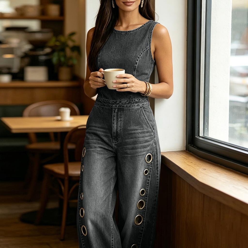 Tuta di Jeans Senza Maniche da Donna Gamba Larga Vestibilità Larga Scollo Rotondo Romper Casual con Quattro Tasche e Dettagli Occhielli Metallici