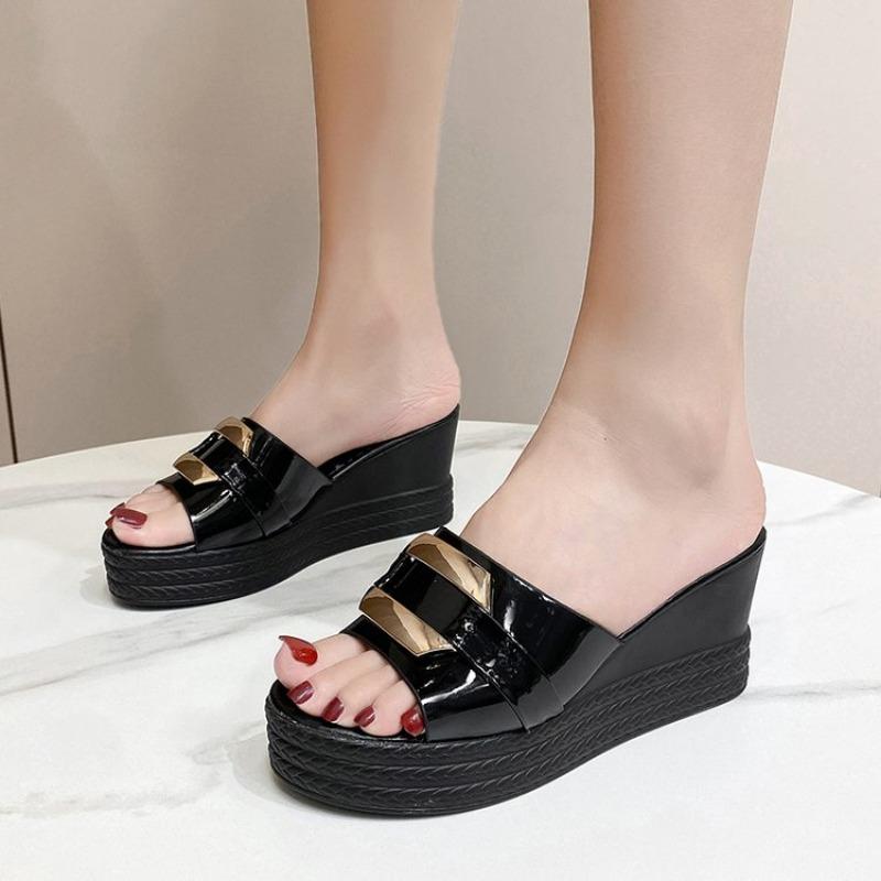 

Модные шлепанцы на высоком каблуке Женская свадебная обувь Лето 2025 Белые Черные Платформа Танкетка Слайды Женские Пляжные шлепанцы 35 чёрный