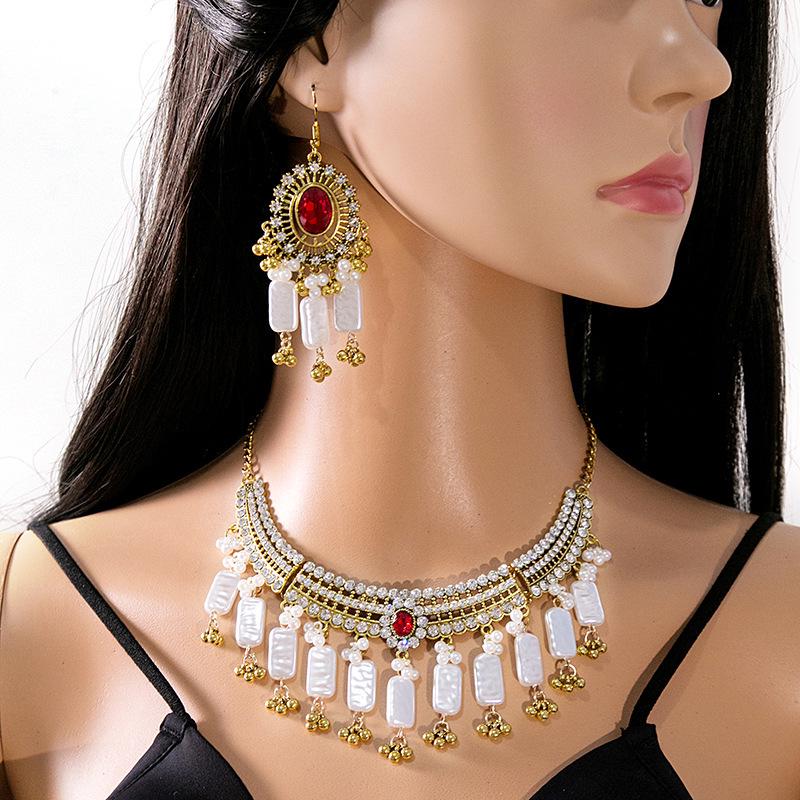 Exotic Ethnic Rhinestone Tassel Necklace & Retro Earrings Set