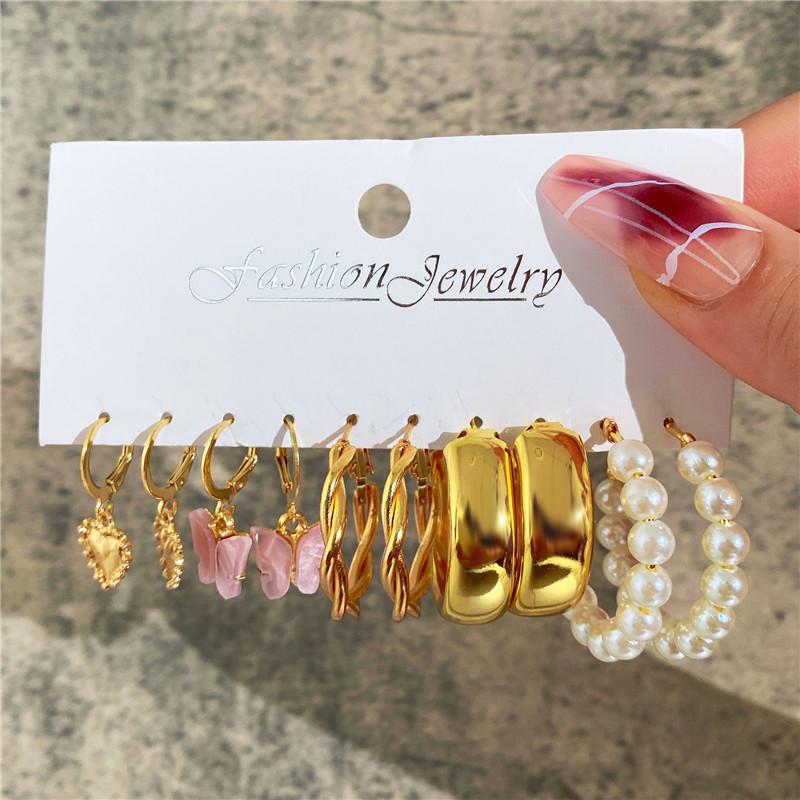 Modyle New Bohemian Female Pearl Earrings Set Punk Vintage Gold Color Geometric Drop Earrings for Women Fashion Jewelry