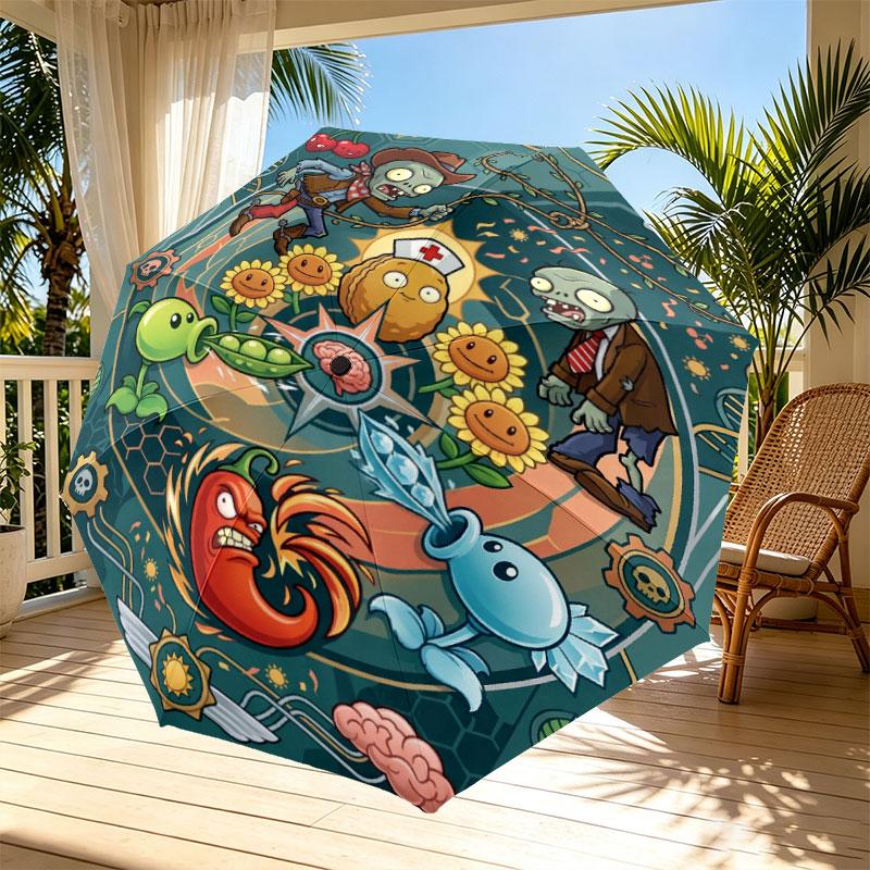 Plants VS Zombies Print Automatic Open Close Umbrella, Portable Foldable Umbrella, for Outdoor Commute Camping Trip, Ideal Birthday Gift
