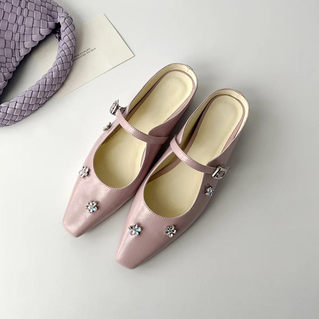 Fashion French Rhinestone Flower Baotou Half Slippers Women Wear Outside To Increase The Square Head Temperament Single Shoes