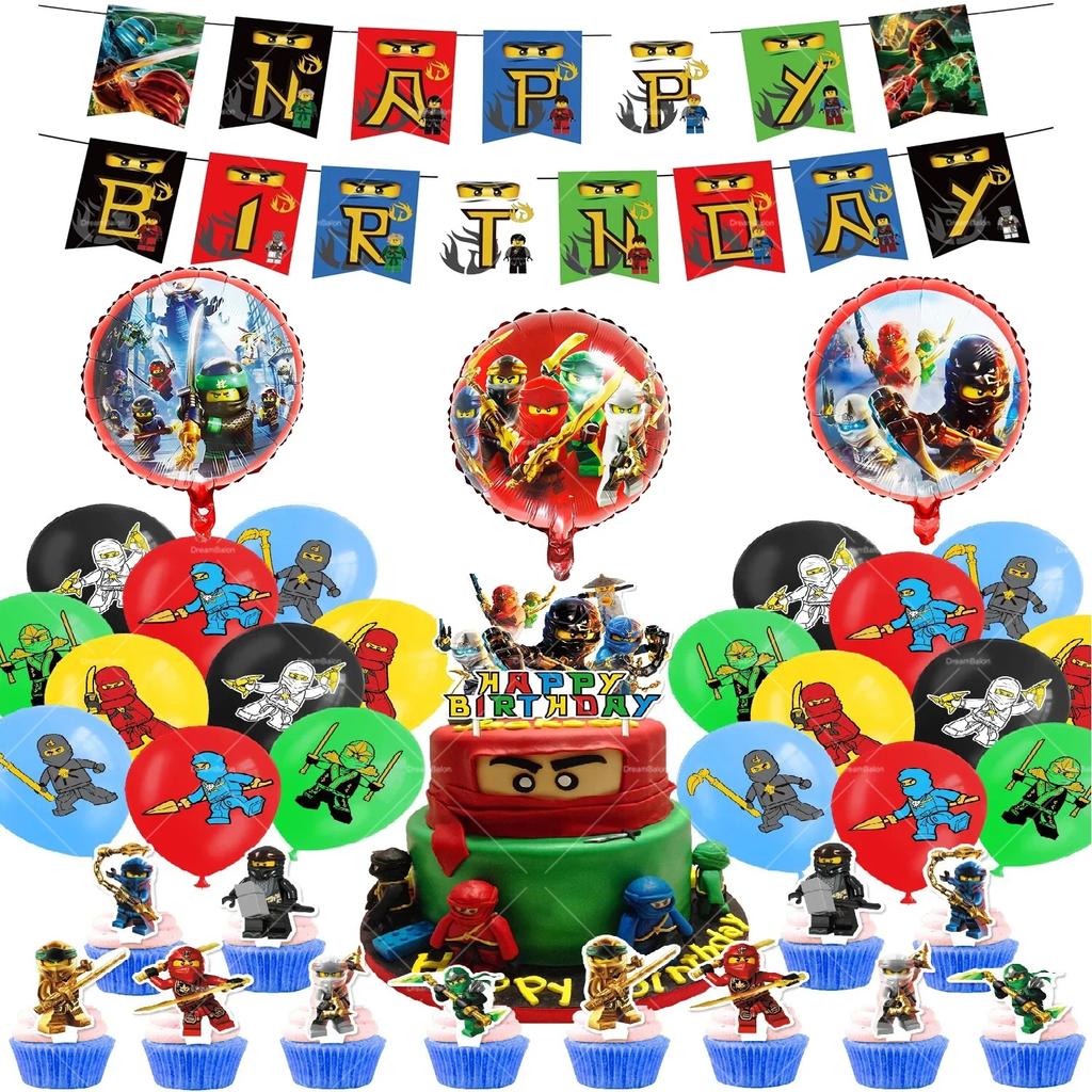 Ninjaed Go Balloons Happy Birthday Banner Legoed Party Decoration Supplies Backdrop Cake Topper Kids Spiral Disposable Tableware