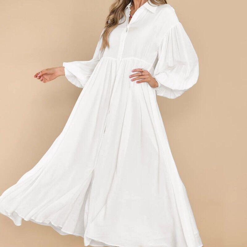 Women s Casual Button-Lapel Solid Color Pleated Long Sleeve Maxi Dress S белый