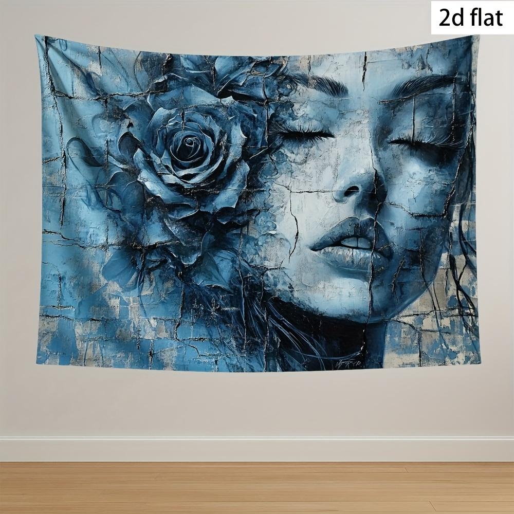 

Ethereal Blue Rose Tapestry Serene Womans Face with Cracked Texture Soft Colors Dreamy Design for Artistic Home Decor 74x94cm(29x37in)